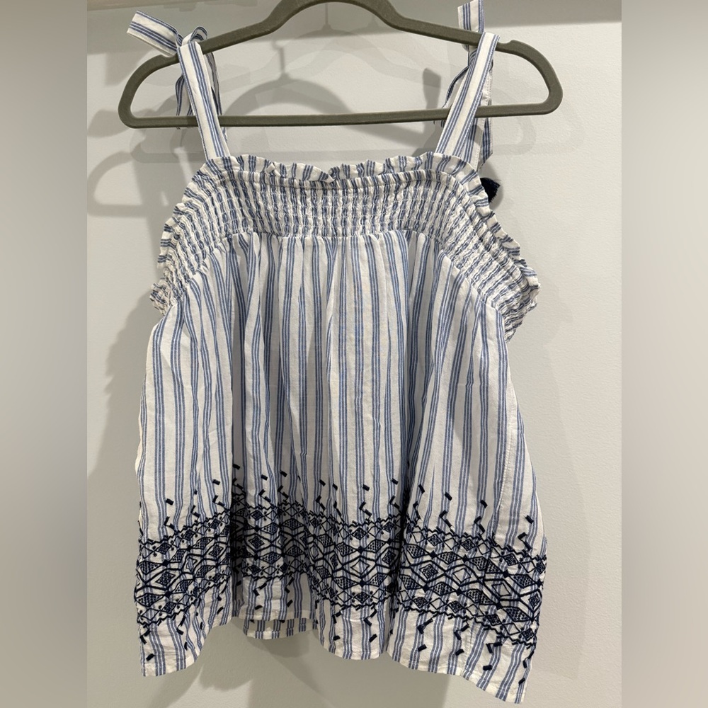 Smocked Tie Tank with Floral Embroidery